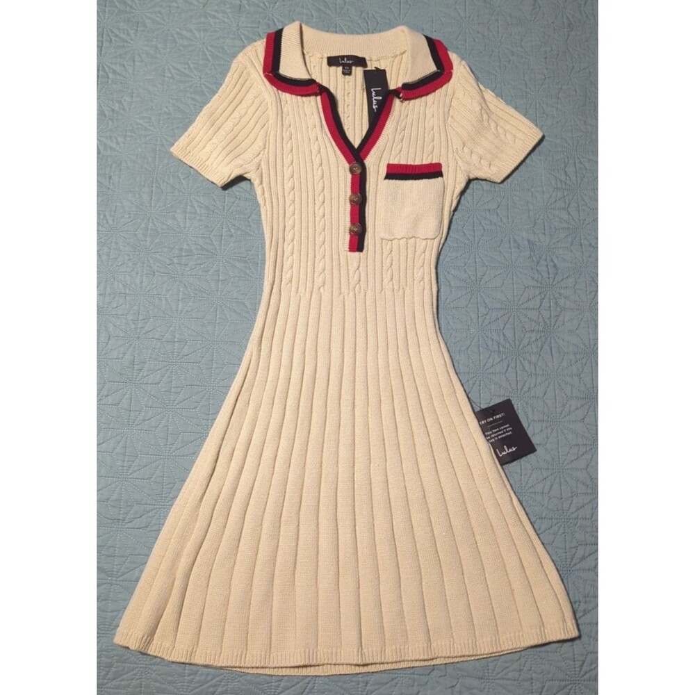 Lulu's Upscale Ideal Beige Cable Knit Short Sleeve Sweater Mini Dress NWT Sz XS